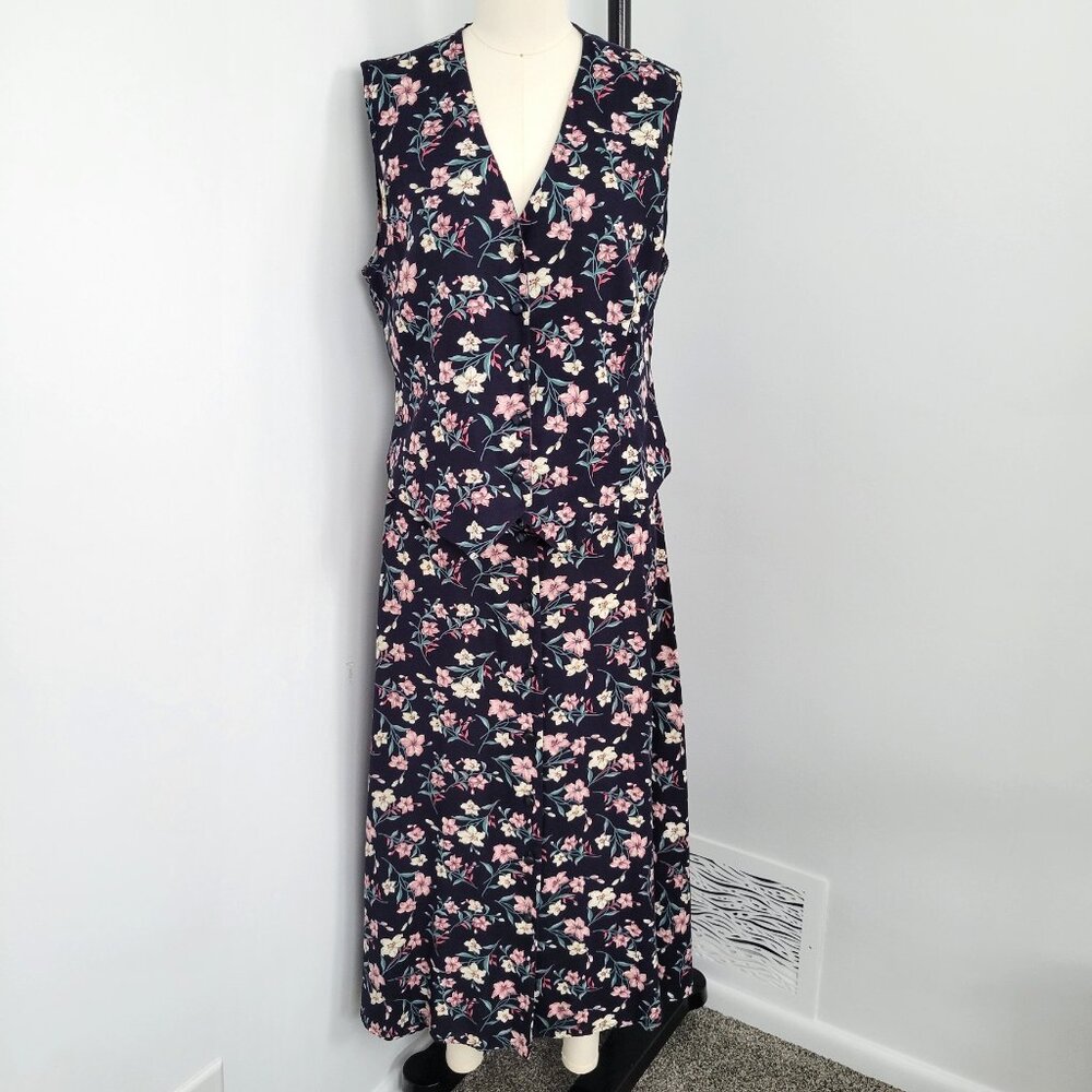 Vintage 90s FSTOP 2 Piece Navy Floral Maxi Button Front Skirt & Matching Vest